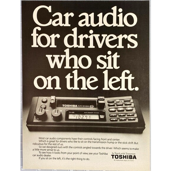 Toshiba Car Stereo "Car Audio for Drivers who sit on the Left" Vtg Print Ad 1989 - Picture 1 of 3